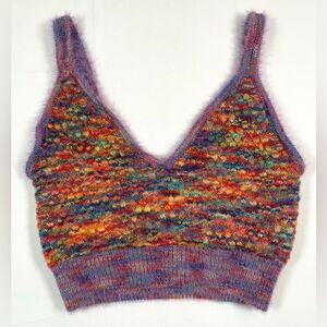 HAZEL MOON Multicolor Fuzzy Knit Crop Cami Bralette Top Size M Rainbow Space Dye